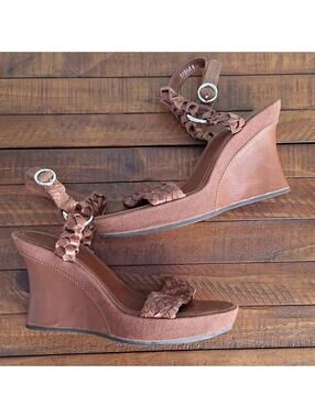 Marc Opolo Brown Leather Strap Wedge Heel Sandal Size 10.5